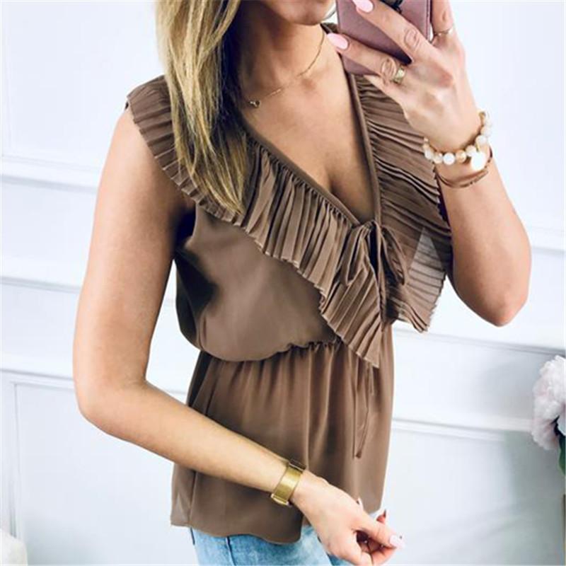 Women Sexy V Neck Frenulum Lotus Leaf Edge Sleeveless Shirt