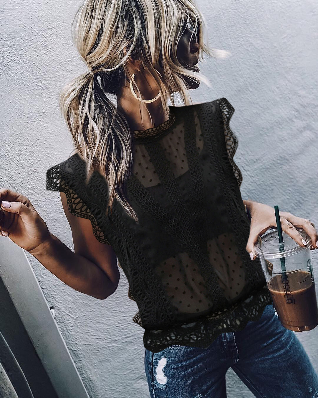 Elegant Lace Splicing Hollow Out See-Through Top