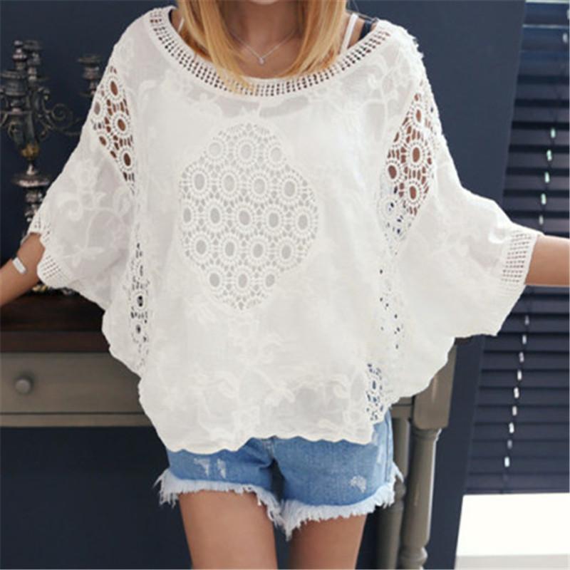 Women's Round Neck Bat Sleeves Lace Openwork Five-Points Sleeve T-Shirts