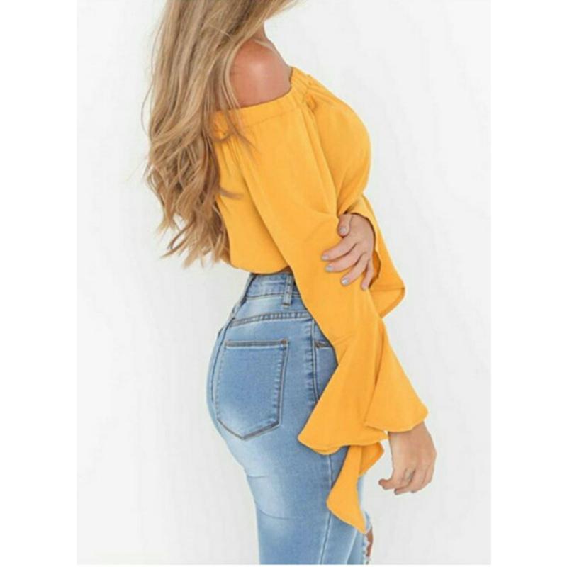 Women's Pure Color One Word Neck Ruffle Sleeve Shirt
