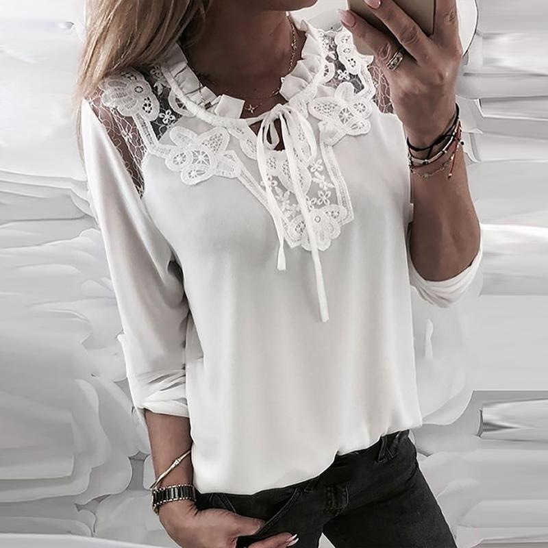 Elegant Lace Splicing Belted Long Sleeve Blouse