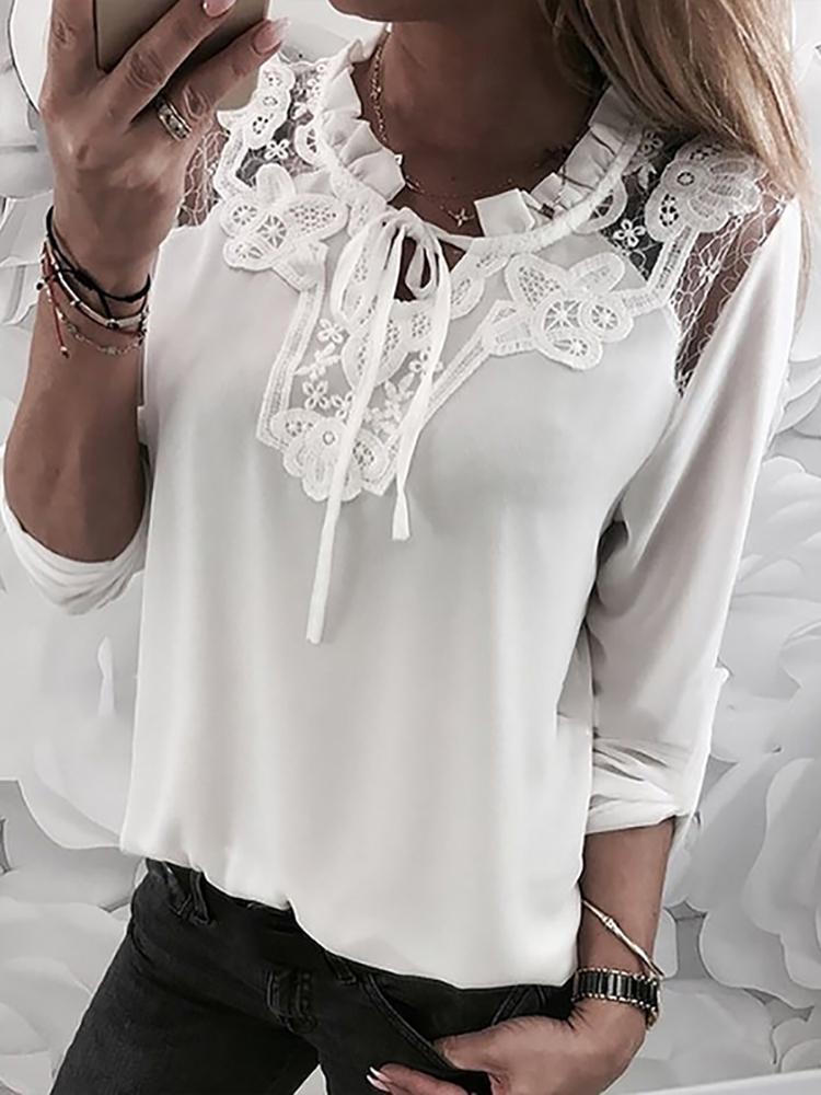 Elegant Lace Splicing Belted Long Sleeve Blouse