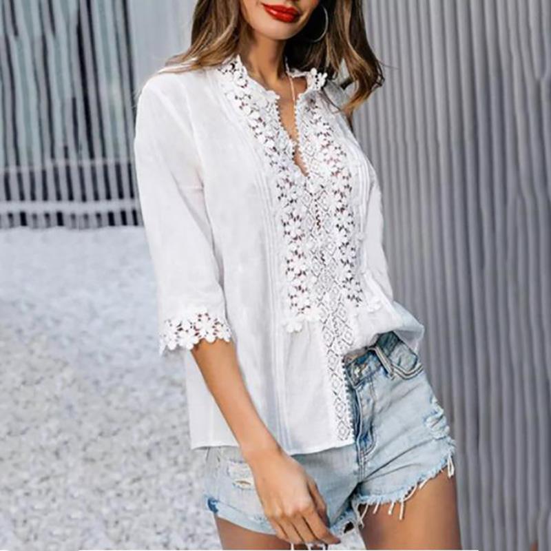 Commuting V Neck Hollow Out Splicing Halflong Sleeve Blouse