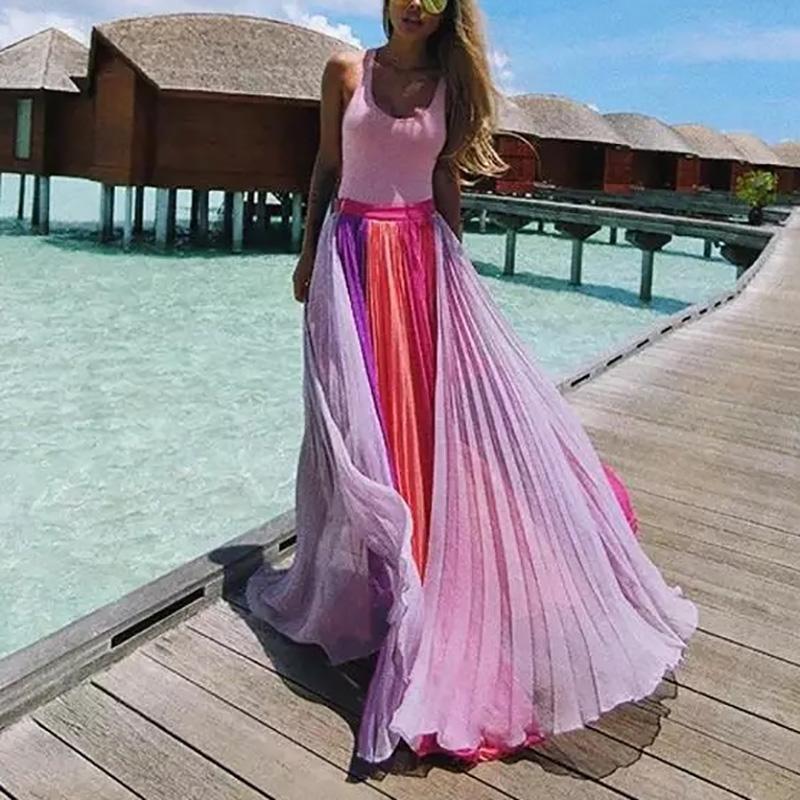 Bohemian Splicing Contrast Color Pleated Chiffon Skirt