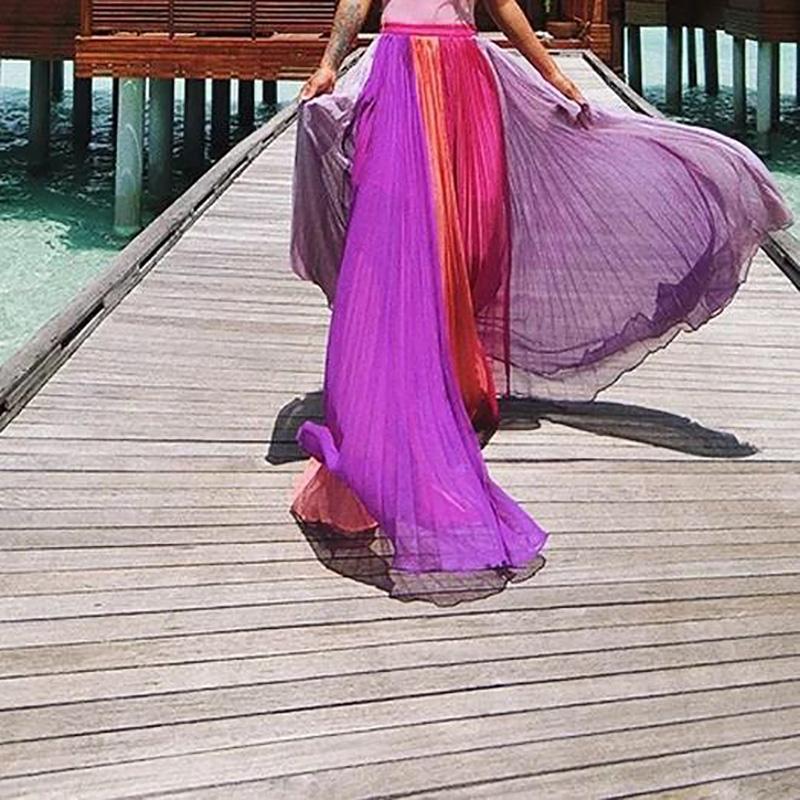 Bohemian Splicing Contrast Color Pleated Chiffon Skirt