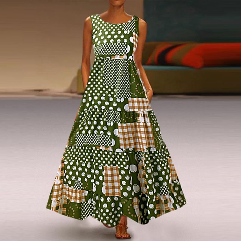 Fashion Sleeveless Printing  Round Collar Vacation Dress