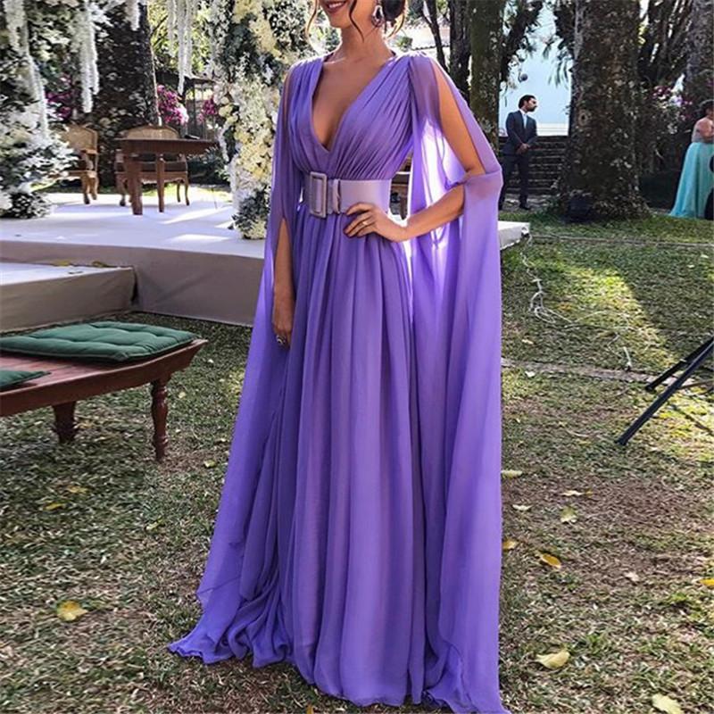 Sexy Deep V Collar long sleeves Solid Color Evening Dresses
