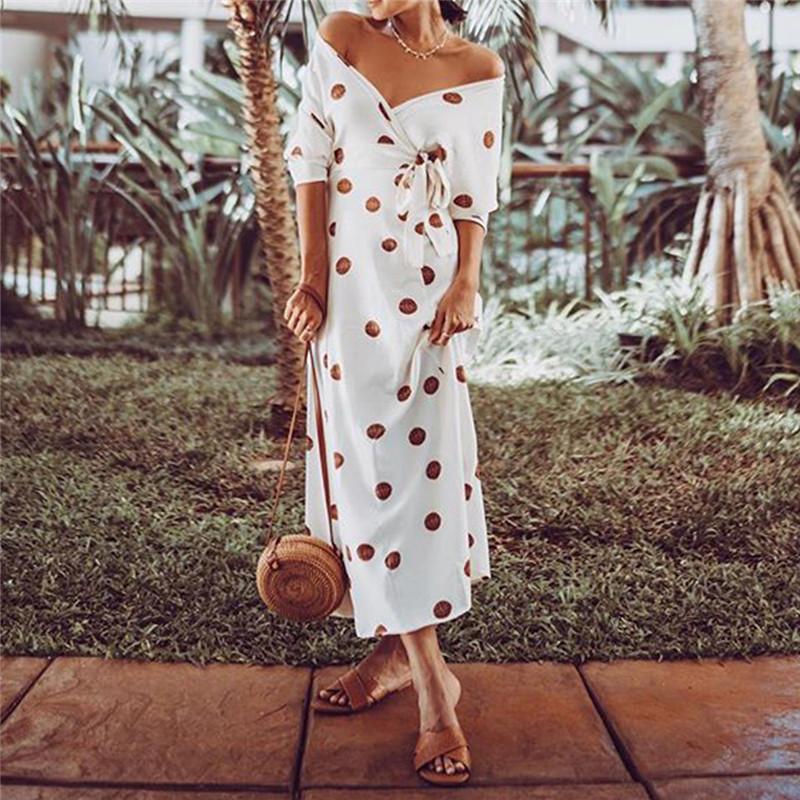 Sexy short sleeves Exposed Shoulder Wave Point Printing Maxi Dresses