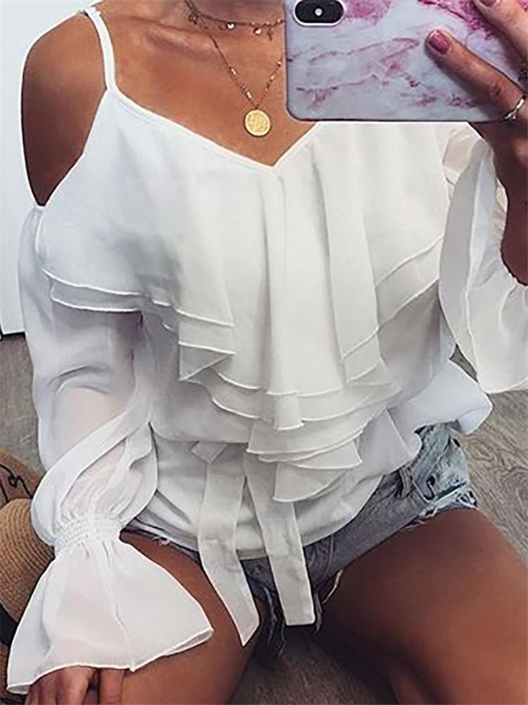 Sexy Shoulder Exposed Flared Bell Sleeve Shirt