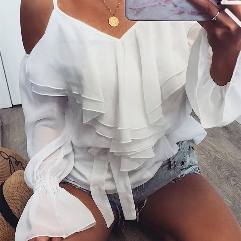 Sexy Shoulder Exposed Flared Bell Sleeve Shirt