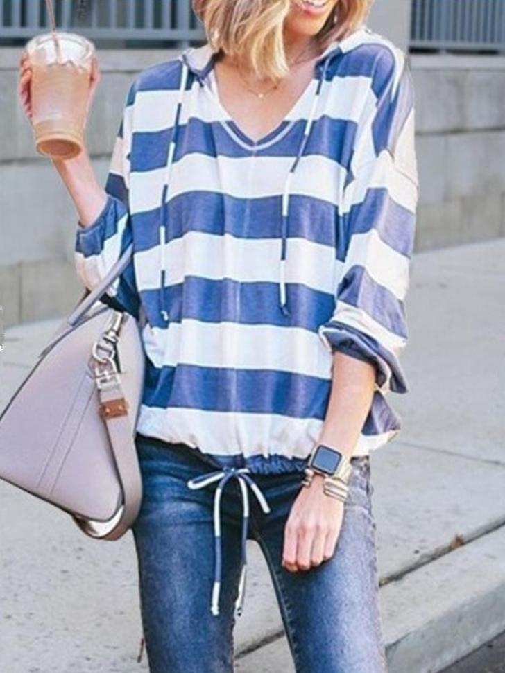 Loose V-Neck Long-Sleeved   Striped Hooded T-Shirt Top