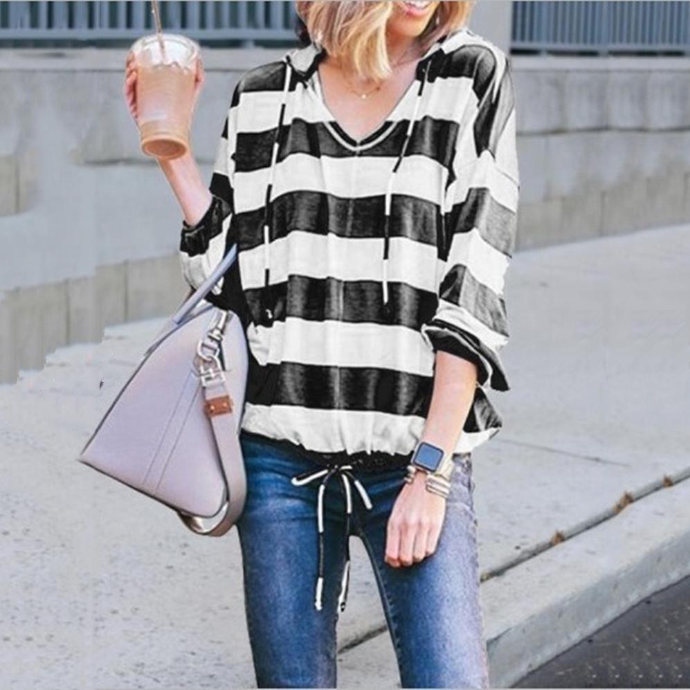 Loose V-Neck Long-Sleeved   Striped Hooded T-Shirt Top