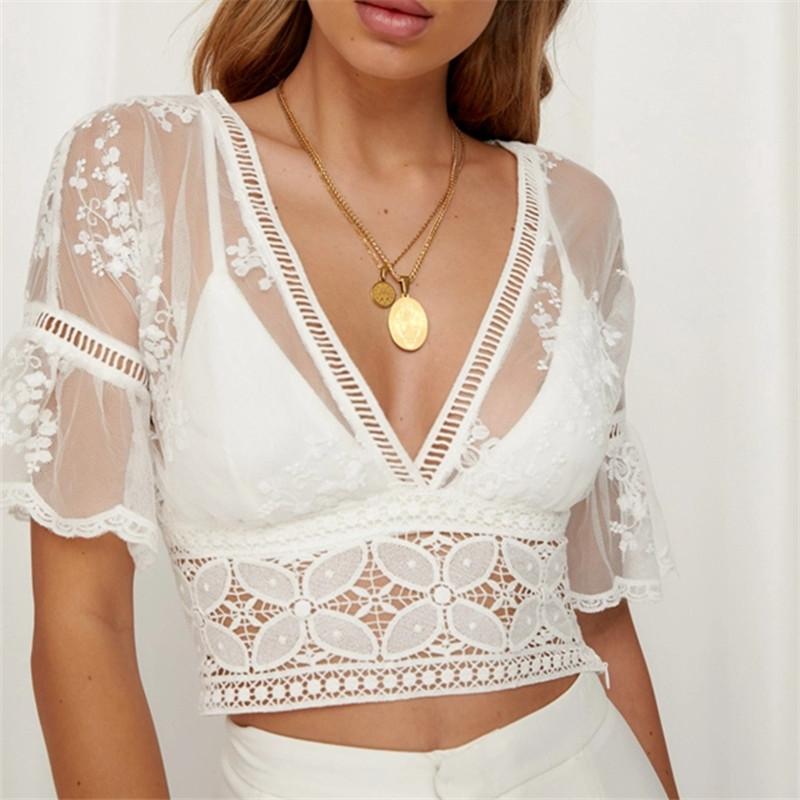 Sexy Short Sleeved Embroidered Perspective Lace Shirt