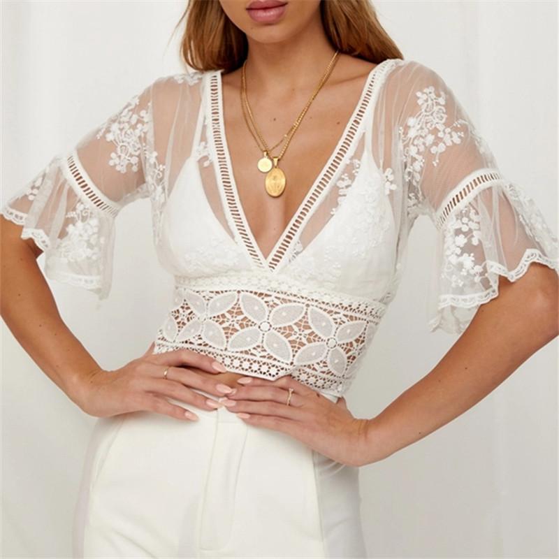 Sexy Short Sleeved Embroidered Perspective Lace Shirt