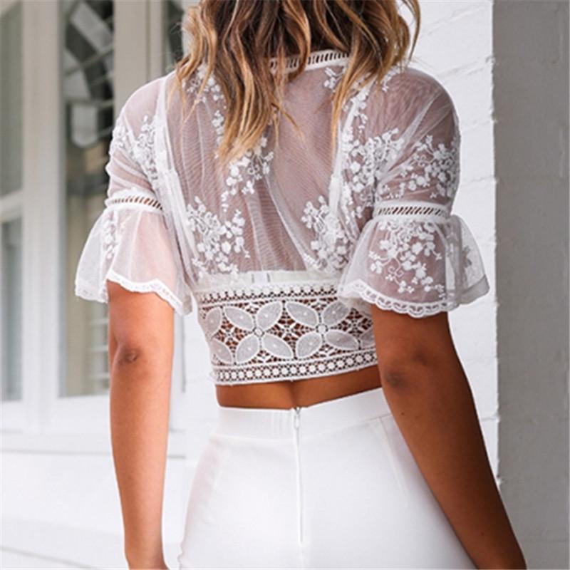 Sexy Short Sleeved Embroidered Perspective Lace Shirt