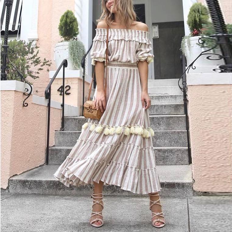 Off-The-Shoulder short sleeved Cotton And Linen Striped Fringe Dress