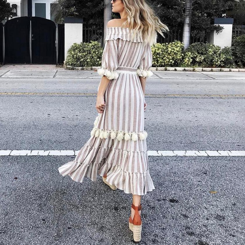 Off-The-Shoulder short sleeved Cotton And Linen Striped Fringe Dress