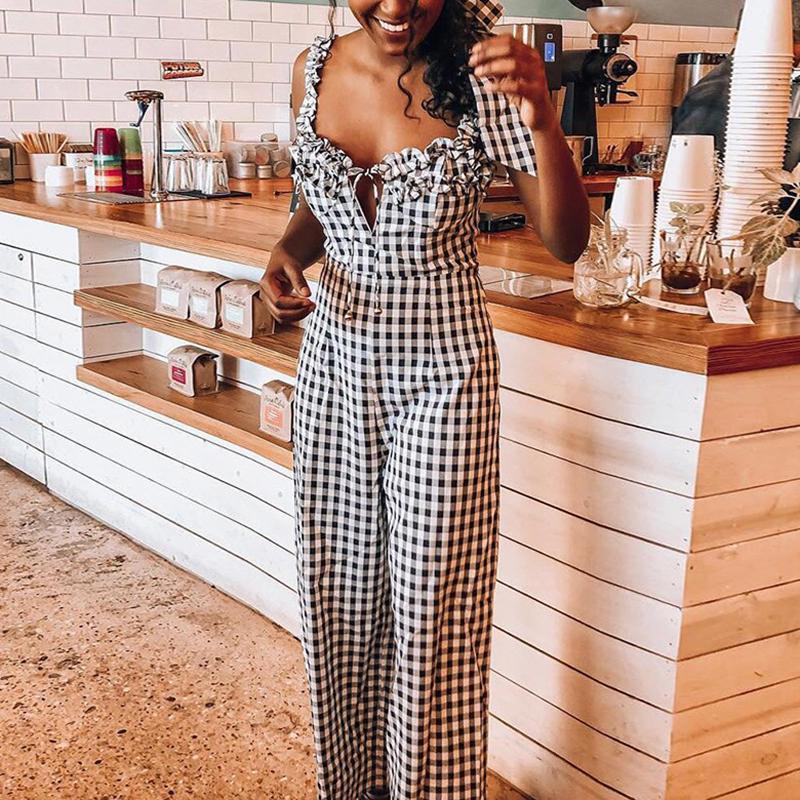 Casual Check Belted Sleeveless Pleated Jumpsuit