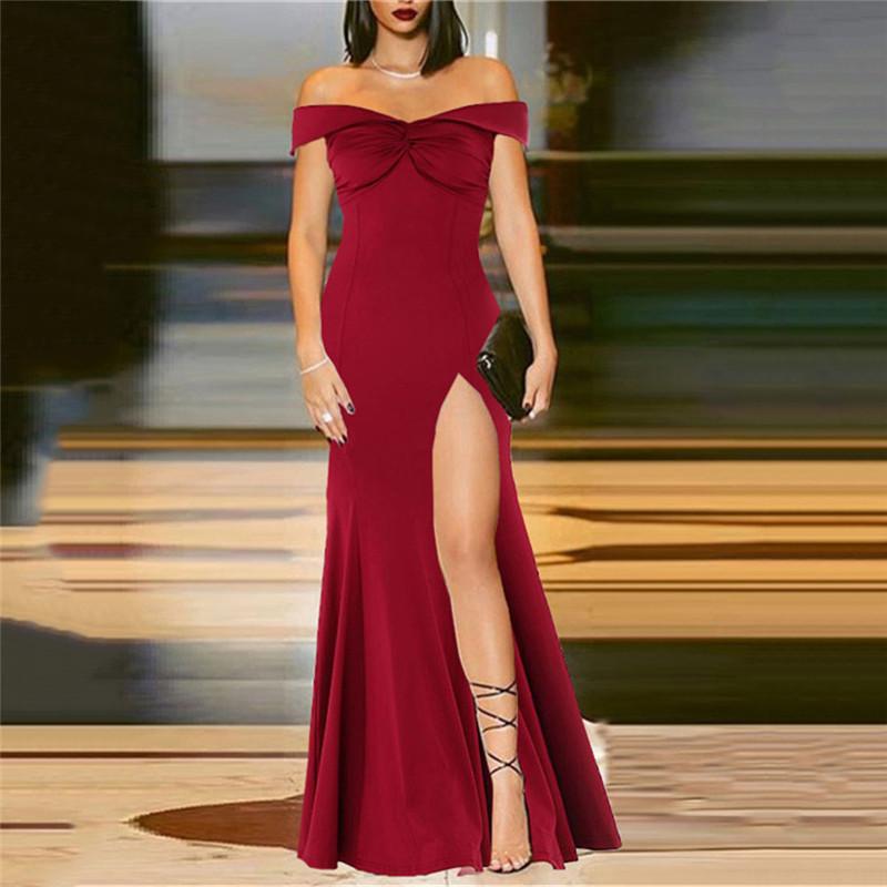 Sexy Crossed Shoulder short sleeves Solid Color Fishtail Maxi Dresses