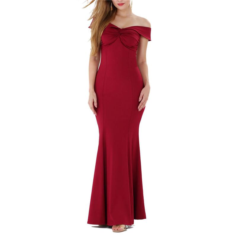 Sexy Crossed Shoulder short sleeves Solid Color Fishtail Maxi Dresses