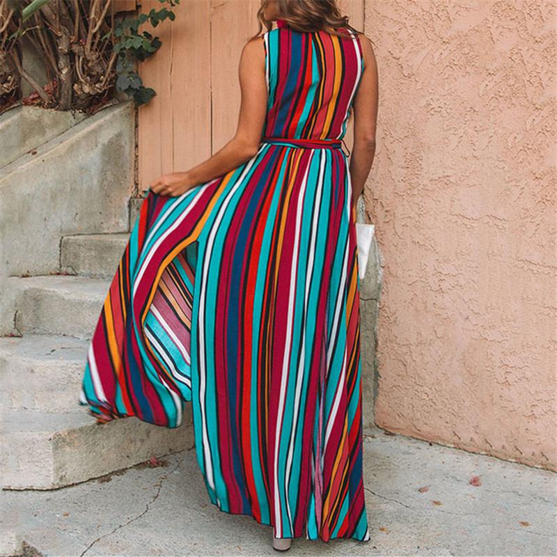 Sexy Striped V-Neck Sleeveless Lace Up Maxi Dresses