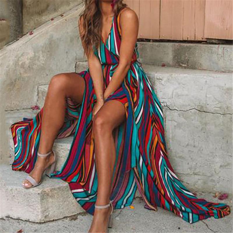 Sexy Striped V-Neck Sleeveless Lace Up Maxi Dresses