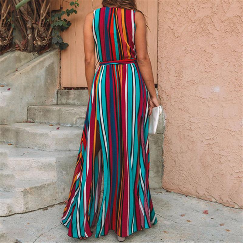 Sexy Striped V-Neck Sleeveless Lace Up Maxi Dresses