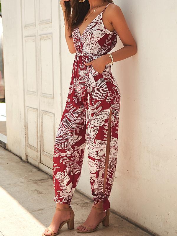 Printed V-Neck Holiday Sling Jumpsuit