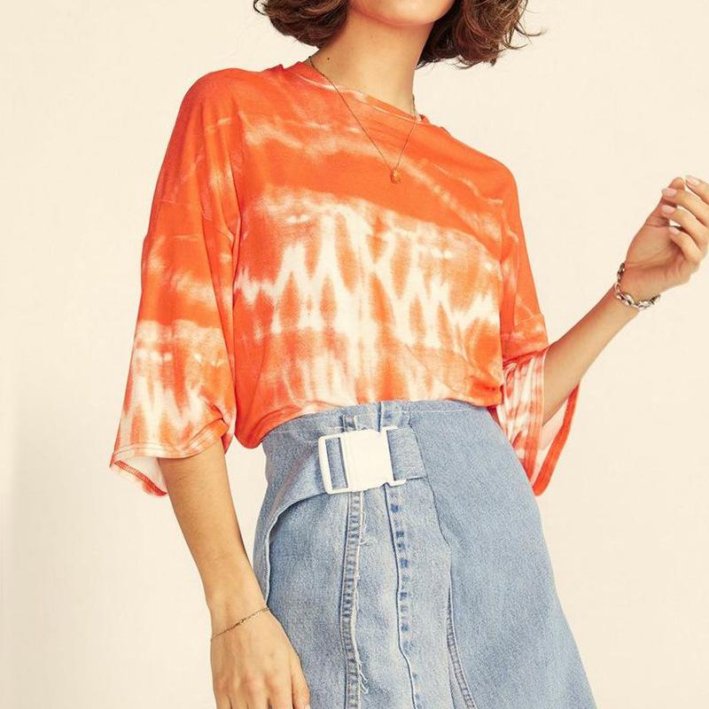 Simple Loose Round Neck Printed Colour T-Shirt