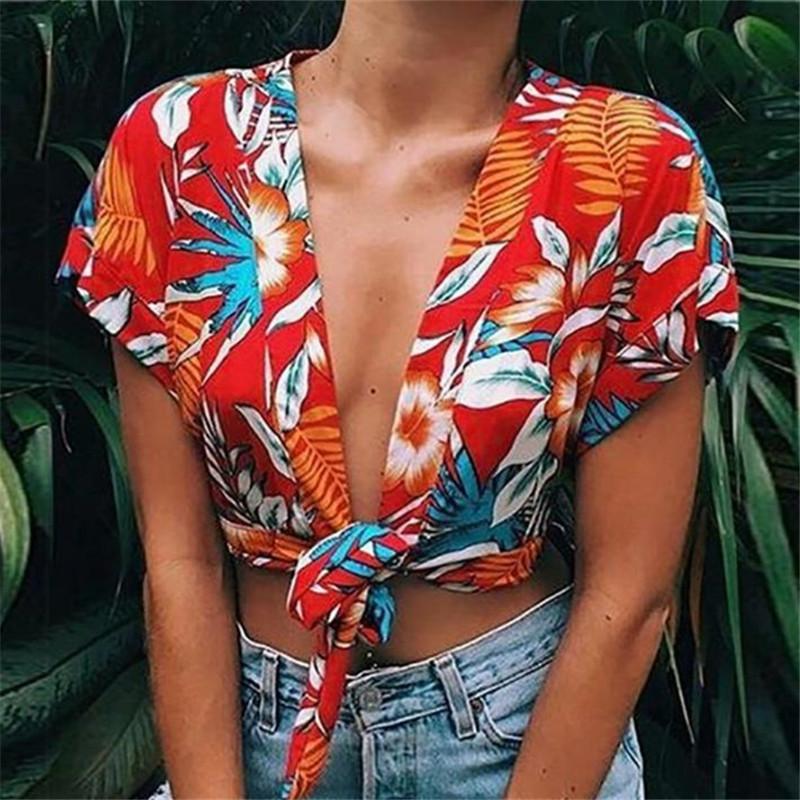 Women's Red Plant Printed Sexy Navel Short Shirts