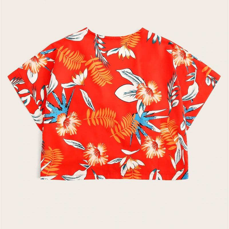 Women's Red Plant Printed Sexy Navel Short Shirts