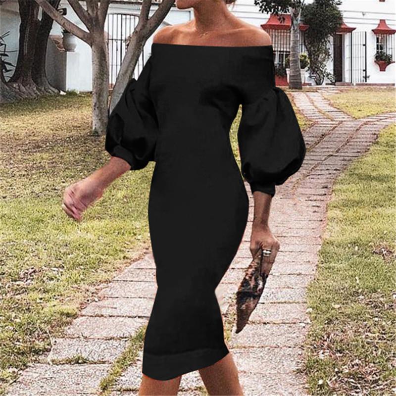Fashion One Word Collar Pure Color Foam long sleeves Bodycon Dresses