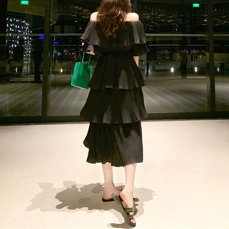 Elegant Boat Neck Off-Shoulder short sleeve Belted Splicing Dress