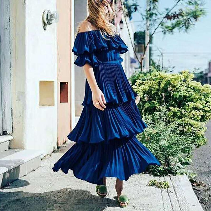 Elegant Boat Neck Off-Shoulder short sleeve Belted Splicing Dress