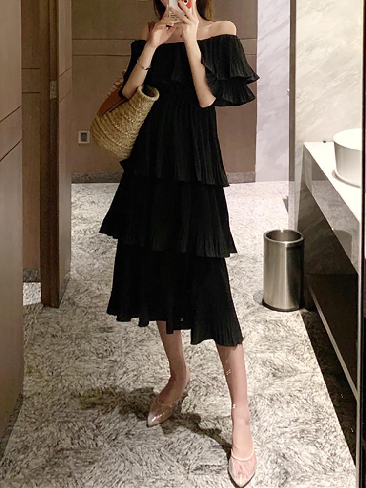 Elegant Boat Neck Off-Shoulder short sleeve Belted Splicing Dress