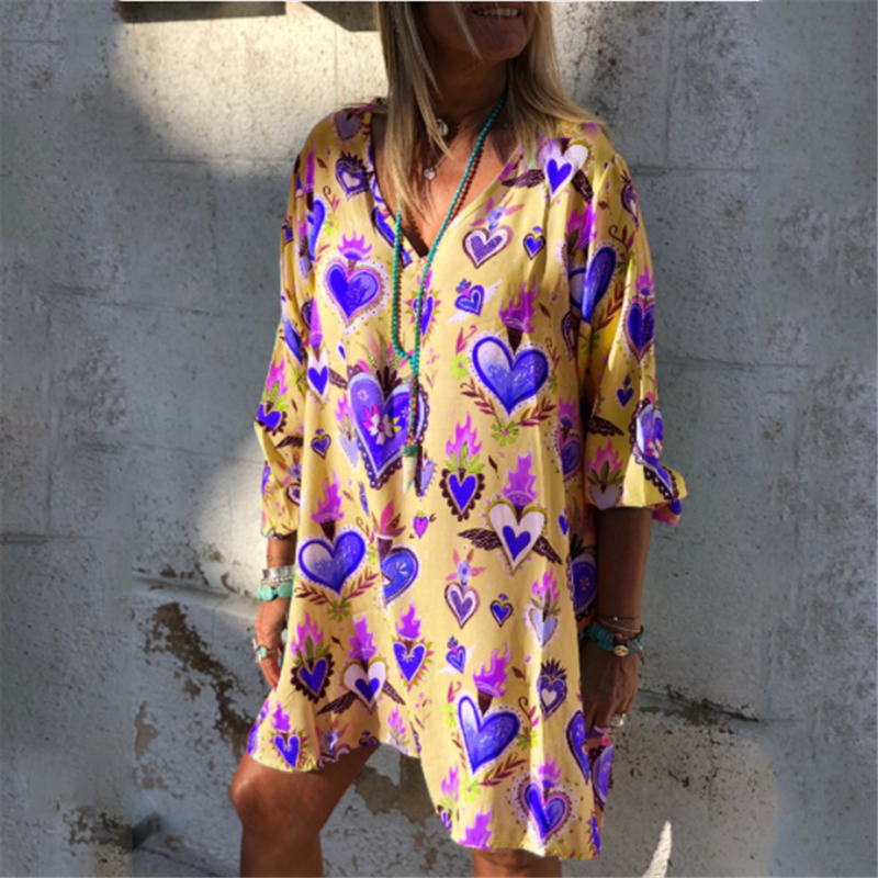 Women's Loose Casual V-Neck Printed long sleeves Dresses