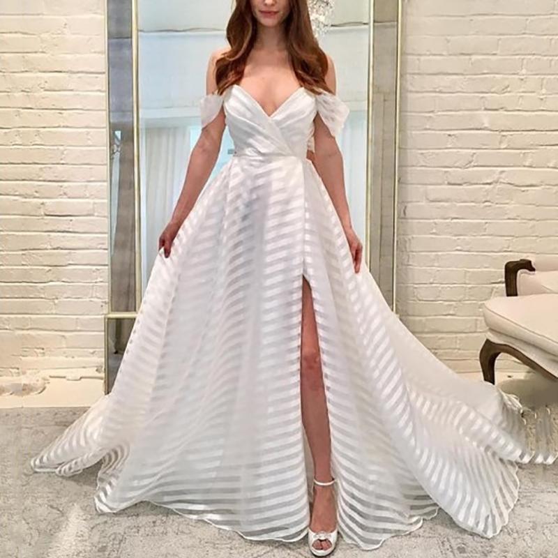 Sexy V Neck Off-Shoulder short sleeves Bare Back Stripe Evening Dress