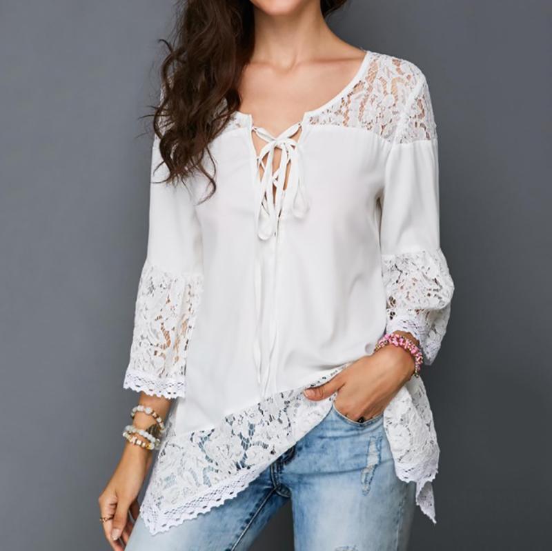 Sexy Belted Lace Splicing Bell Sleeve See-Through Top
