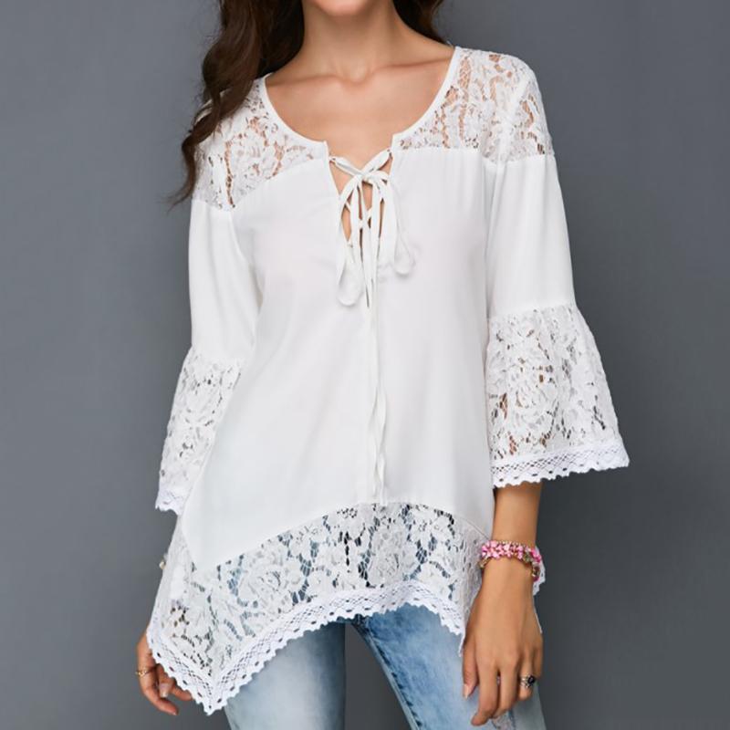 Sexy Belted Lace Splicing Bell Sleeve See-Through Top