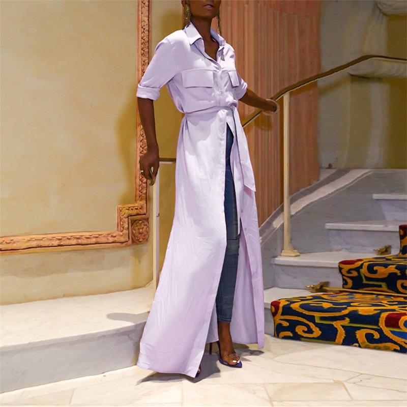 Fashion Lapel Short Sleeve Pure Color Split Casual Dresses