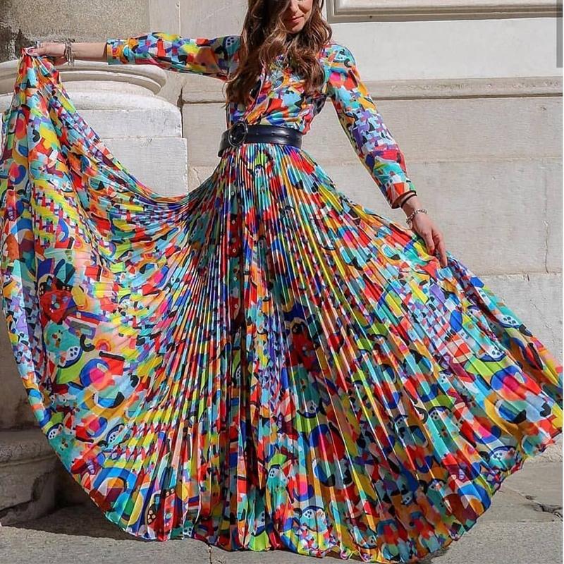 Casual Long Sleeve Chiffon Floral Print Maxi Dresses