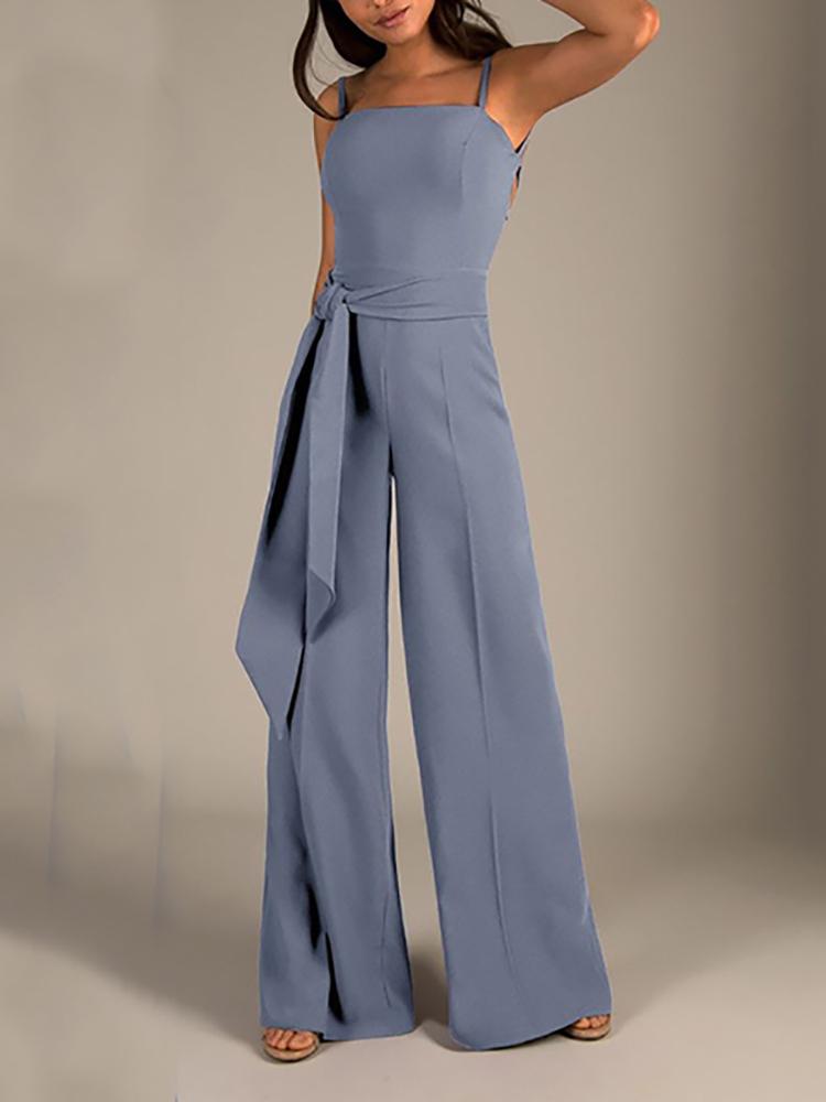 Commuting Bare Back Boat Neck Belted Jumpsuit