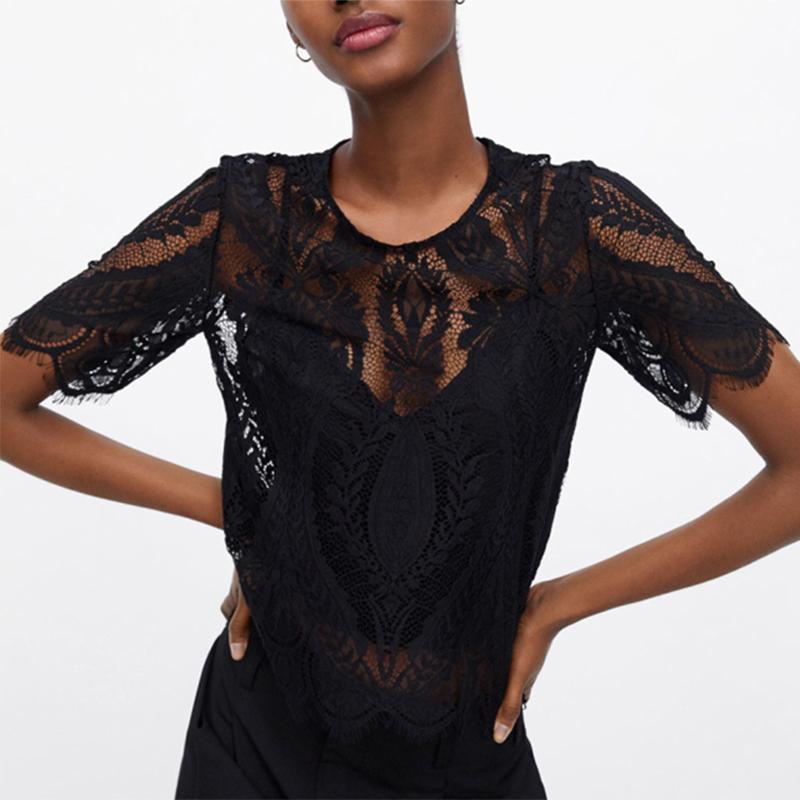 Sexy Short Sleeve See-Through Two-Piece Lace Top