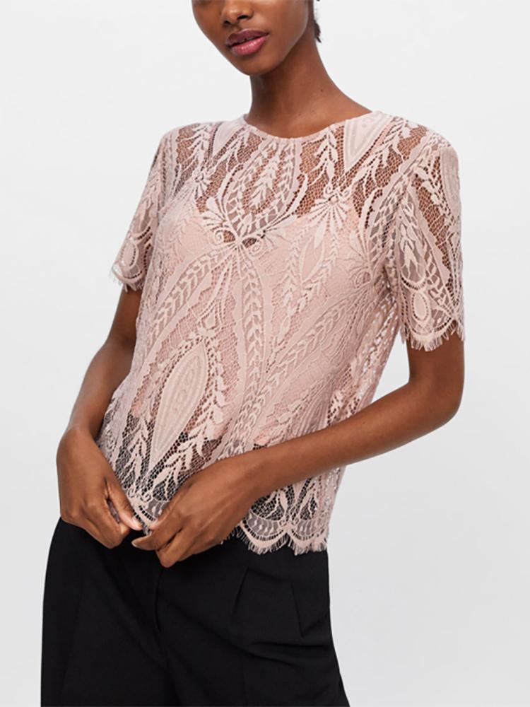Sexy Short Sleeve See-Through Two-Piece Lace Top