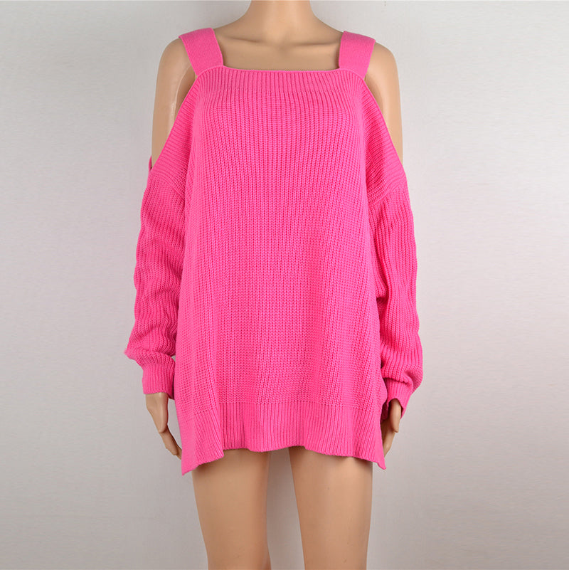 Fashion Large Size Square Collar Solid Color Long Sleeve Strapless Sweater