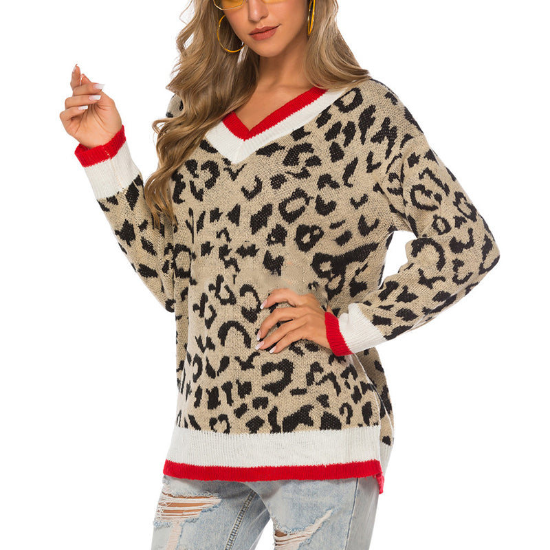 Fashion V-Neck Leopard-Print Loose Sweater