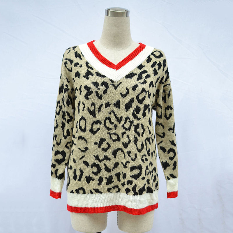 Fashion V-Neck Leopard-Print Loose Sweater