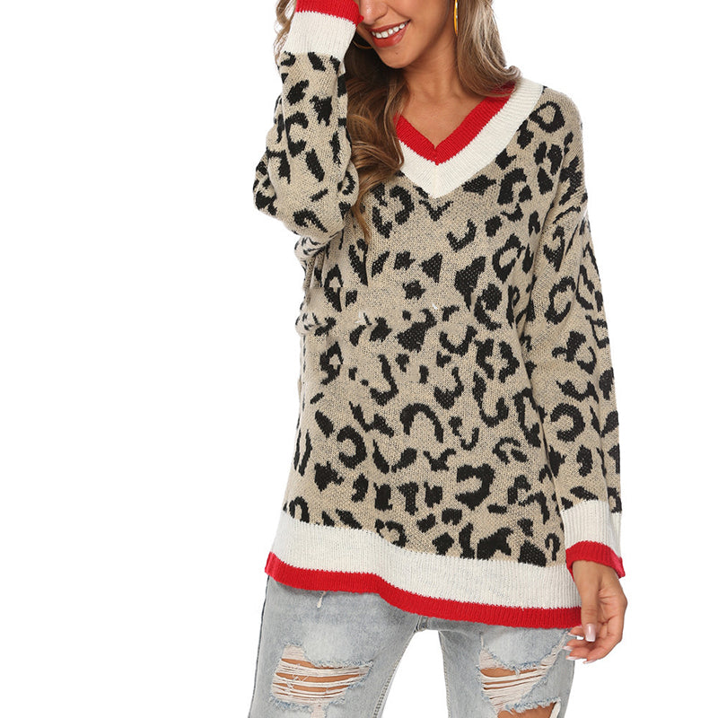 Fashion V-Neck Leopard-Print Loose Sweater