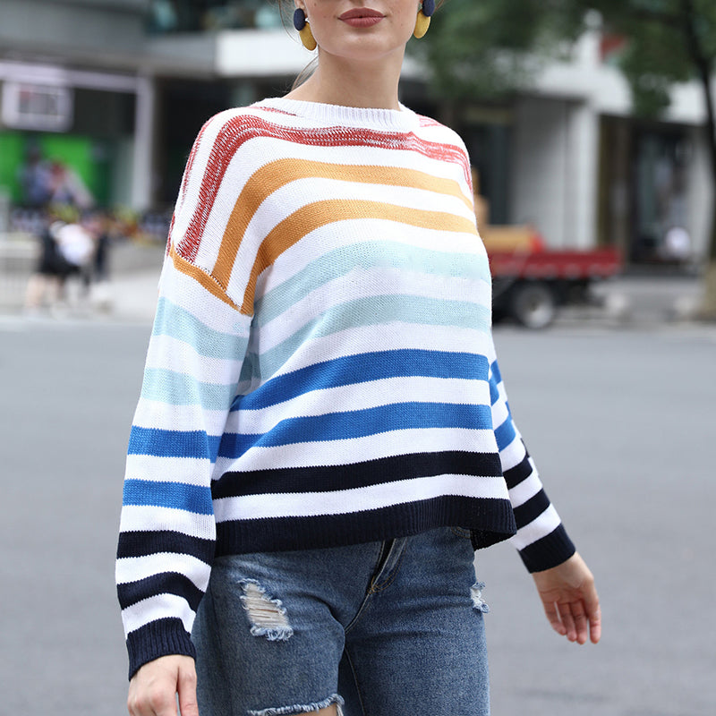 Casual Colorblock Striped Stitching Sweater
