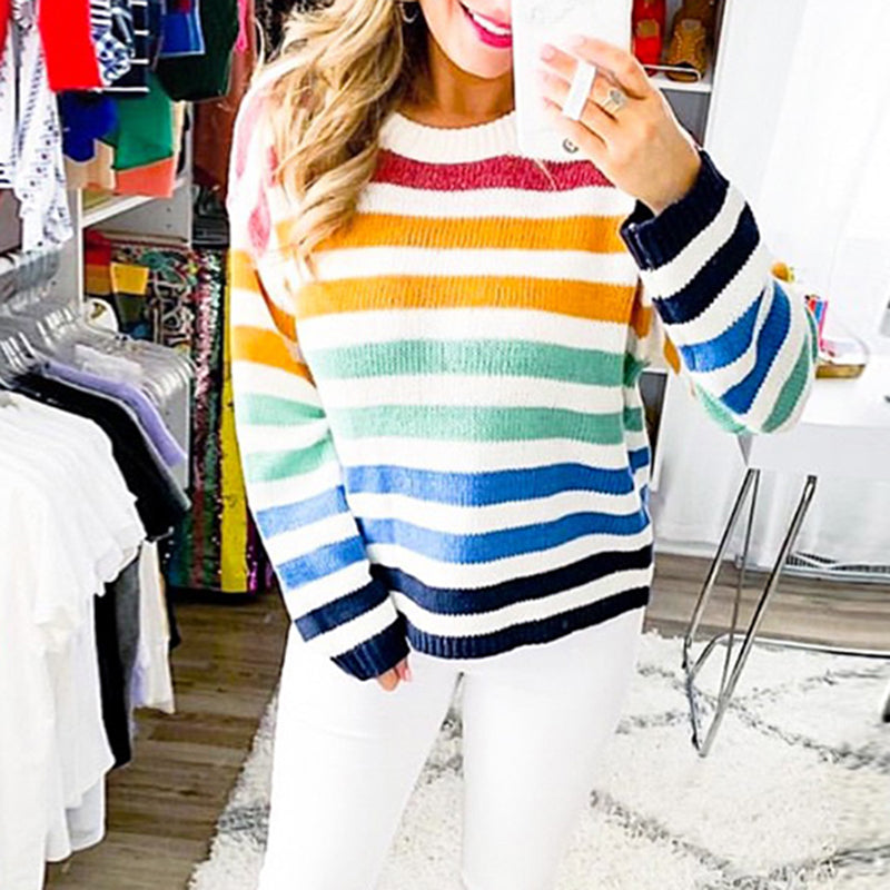 Casual Colorblock Striped Stitching Sweater